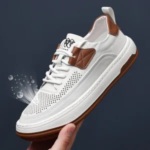 Men’s Trendy Cowhide Leather Low Top Casual Shoes for Spring Summer Crooked Clown Style White Color Drop Shipping