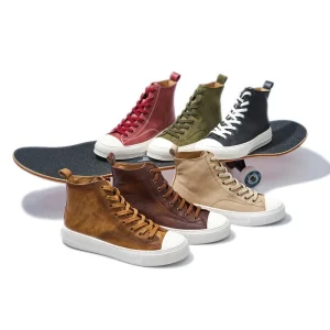 Men’s Trendy Genuine Leather Retro Mid top Casual Shoes Korean Style Lightweight Lace Up Sneakers