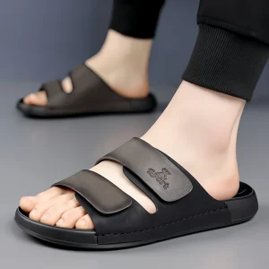 Men’s Two Band Leather Slide Sandals Non slip Cushioned Foot Bed Open Toe Casual Summer House Slippers