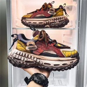 Men’s Vintage Distressed Dad Shoes Thick Tire Sole Height Increasing Sneakers Color Block Rubbed Retro Sports Footwear