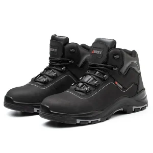 Men’s Waterproof Leather Industrial Safety Shoes with MD Rubber Sole Breathable Black Steel Toe Mid Cut Fashionable for Winter