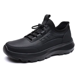 Men’s Waterproof Leather Sneakers Thick Sole Quick Lace Casual Shoes for Outdoor & Daily Wear