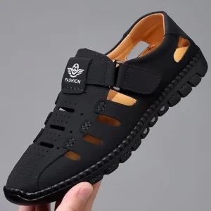 Men’s Waterproof Outdoor Beach Sandals Lightweight Soft Leather Upper Closed Toe Slip On Closure for Summer Hiking Sports