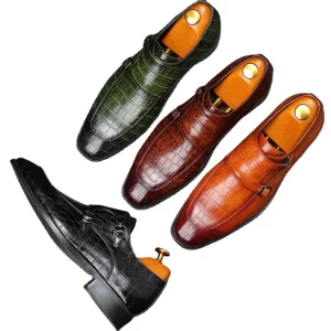 Men’s Wedding Leather Shoes with Alligator Pattern Metal Buckle Lightweight and Breathable