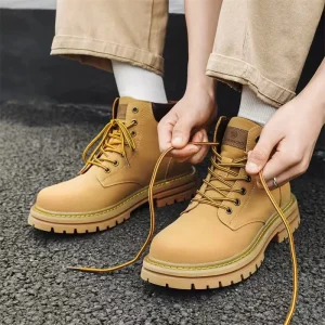 Men’s Western Boots Large Size High-top Thick-soled Warmth Height-increasing Lace-up Durable British Work Yellow Autumn Winter