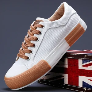 Men’s White Canvas Sneakers Breathable Vulcanized Skateboard Casual Shoes Lace Up Lightweight Soft for Summer