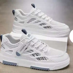 Men’s White Leather Walking Shoes Lace-Up Breathable Anti-Slip Comfort Mesh Lining