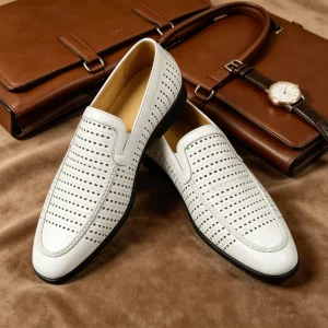 Men’s White Perforated Braided Loafers Business Leather Shoes Slip On Business Casual Shoes High End Business Footwear