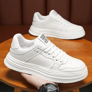 Men’s White Platform Sneakers Breathable Lace up Thick Sole Casual Shoes for Daily, Street & Commute Wear