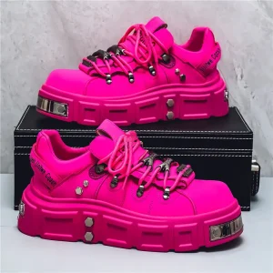 Men’s White Studded Chunky Platform Retro Sneakers Thick Sole Height Increasing Mesh Lining Autumn Spring Casual Street Shoes