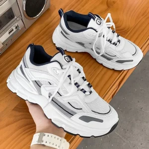 Men’s White Summer Running Shoes for College Campus Breathable Mesh Upper Lace Up Closure EVA Midsole Rubber Outsole