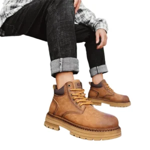 Men’s Yellow High Top Ankle Boot Casual Autumn Winter Genuine Leather Lace Up Motorcycle Workwear Outdoor Hiking
