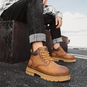 Men’s Yellow High Top Ankle Bootie Casual Autumn Winter Genuine Leather Lace Up Motorcycle Workwear Outdoor Hiking