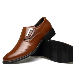 Men’s Youth Pointed Toe PU Leather Dress Shoes with Elastic Band Closure for Office & Career Comfortable Anti-Slip Loafers