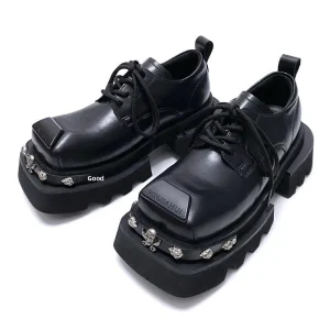 Men’s and Girls’ Sophisticated Edgy Square Toe Lace Up Dress Shoes for Women Niche Stylish Chunky Sole Retro Platform Derby Shoe