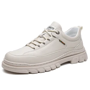 New Design Men’s Leather Casual Shoes Thick Sole Lace up Comfortable Outdoor Walking Sneakers Black Brown Beige