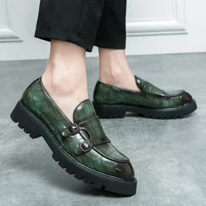 New Large Double Pin Buckle Loafers Men’s Patent Leather Shiny Face Thick Heel Platform Height-Increasing Casual