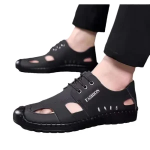 New Men’s Breathable Casual Sandals Summer Hollow Hole Leather Shoes with Anti Slip & Flat Features PU EVA Insole