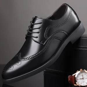 New Men’s Business Formal Genuine Leather Height Increasing Lace-up British Brogue Derby Shoes Size 48 Large Size Export