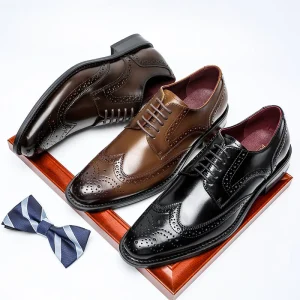 New Men’s Genuine Leather Dress Shoes Business Wedding Brogue Carved Gentlemen Style Solid Elegant Men’s Leather Footwear