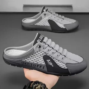 New Men’s Half Dragged Hollow Mesh Casual Shoes with Mesh Surface Lightweight Men’s Shoes