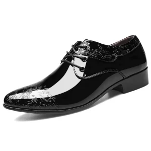 New Men’s Patent Leather Bright Pointed Pattern Anti-Slip Wear Breathable Office Wedding Dress Leather Shoes