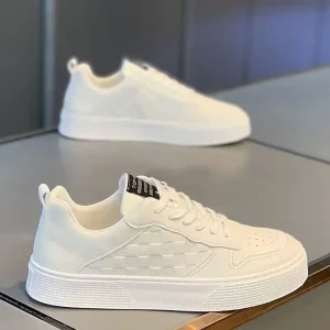 New Men’s Summer Casual Shoes Breathable White Thick Soled Sneakers with Lace Up Closure Mesh Lining Trendy Shoes for Men