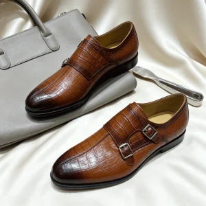 New Style Men’s Double Buckle Strap Monk Shoes Business Genuine Leather Luxury Wedding Shoes for Office Career