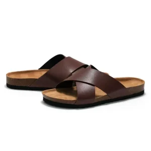 New Summer Men’s Sporty Round Toe Flat Sandals Slip-On Beach Shoes with Pine Cork Slippers Fashion Trend for Students Home Shoes