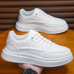 New White Men’s Sporty Walking Shoes, Breathable PU Leather Sneakers, Anti-Slip Rubber Outsole, Comfort, All Seasons, Korean Style