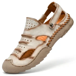 OEM Custom LOGO Hand Made Genuine Cow Leather Toe Closed Sandals for Men