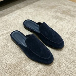 OEM ODM Custom Logo Fashion Premium Navy Suede Men’s Casual Backless Loafers Mules Slippers