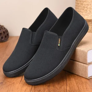 Old Beijing Summer Solid Men’s Casual Slip-on Low-top Lightweight Breathable Pure Black Work Shoes Canvas Single-layer Shoes