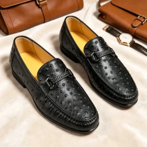 Ostrich Pattern Horsebit Loafers Men’s Formal Business Dress Shoes Gentleman Footwear Mens Shoes