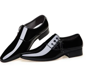 PU Men’s Oxford Shoes Pointed Bright Leather Lace-Up Flat Shock-absorbing Heel Anti-slip Casual Business Wedding Dress Shoes