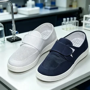 PVC Foamed Outsole White Blue Canvas Upper ESD Shoes Mesh Upper Unisex Washable Summer Men’s Low-Top Workshop Work Shoes