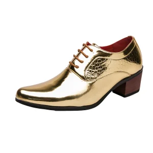 Point Toe Lace-Up Golden Upper High Heel Men’s Patent Leather Oxford Wedding Shoes Spring Summer Autumn