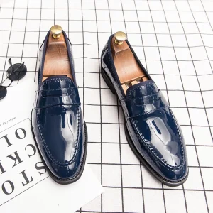Pointed-Toe Business Casual Leather Shoes for Men Patent Leather Glossy Slip-On Mirror-Like Leather Shoes
