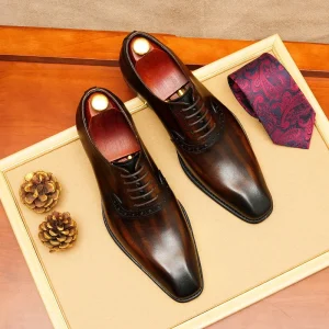 Premium Genuine Leather Breathable Men’s Formal Oxford Shoes Lace-Up Low Heel Wood Outsole Office Career British Vintage Style