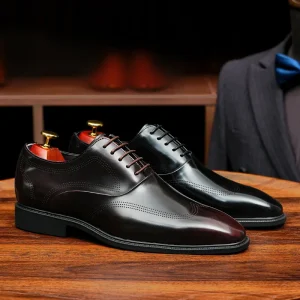 Premium Genuine Leather Mens Formal Oxford Lace-Up British Brogue Burnished Low Heel Rubber Sole Anti-Odor Polished Black Square