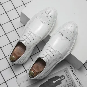 Pure Color Brogue Style Dress Shoes Pointed Fashion Wedding Shoes Men’s Casual Leather Shoes for Men
