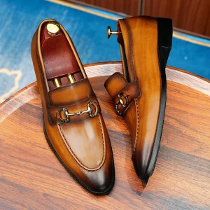 Refined Full Grain Leather Men’s Business Loafer Slip On Pointed Toe Winter British Vintage Antique Finish Hand Painted Dress