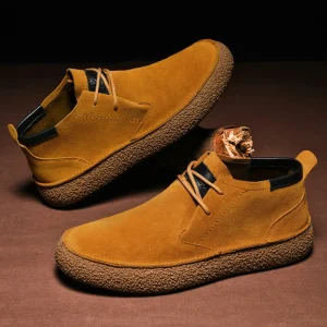 Retro High Top Casual Flat Skate Shoes Waterproof and Breathable Men’s Leather Shoes Non Slip Rubber Sole Walking Style Shoes