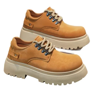 Retro Style Men’s Casual Leather Walking Shoes Thick Soled Round Toe Derby Waterproof Height Increasing Formal British