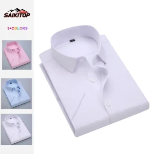 Short sleeved Cotton Shirt for Men White Korean style Formal Summer Plain colored Casual Shirt Dress Shirts