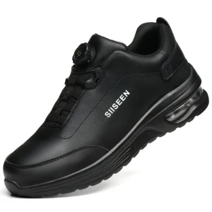 Smart Button Black Men’s Work Shoes with PU Sole Lightweight Shock absorbing and Water resistant Properties