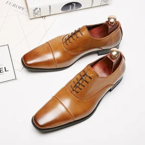 Solid Color Men’s Genuine Leather Oxford Shoes British Three point Lace up Business Formal Dress Wedding Shoe