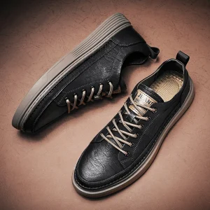 Spring Autumn New Black Textured Daily Small Leather Men’s Low top Breathable Anti Slippery Checkered Striped Casual Shoes