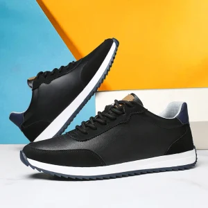 Spring Breathable Sporty Men’s Running Shoes Soft Mesh Upper Leather Lace-Up Casual Walking Shoes