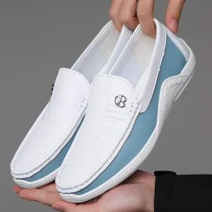 Spring Men’s Faux Leather Loafers Soft Rubber Outsole Slip Resistant Breathable Cushioned Business Casual White Shoes